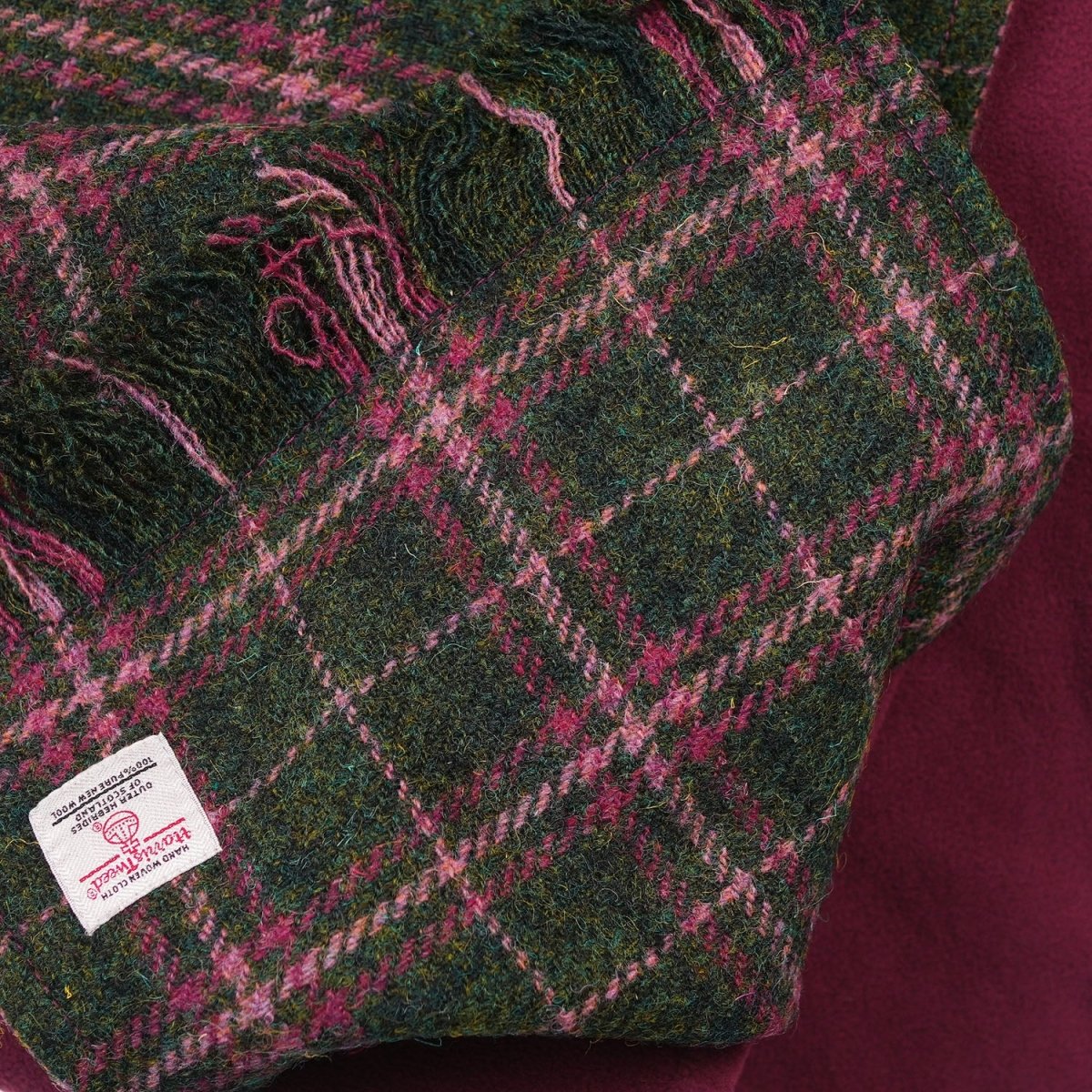 Harris Tweed Fringed Scarf with Fleece Back - Dark Green & Plum Check - Heritage Of Scotland -
