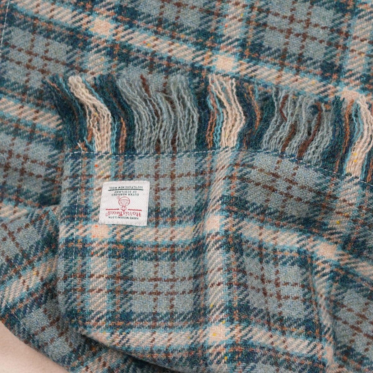 Harris Tweed Fringed Scarf with Fleece Back - Duck Egg & Cream Check - Heritage Of Scotland -
