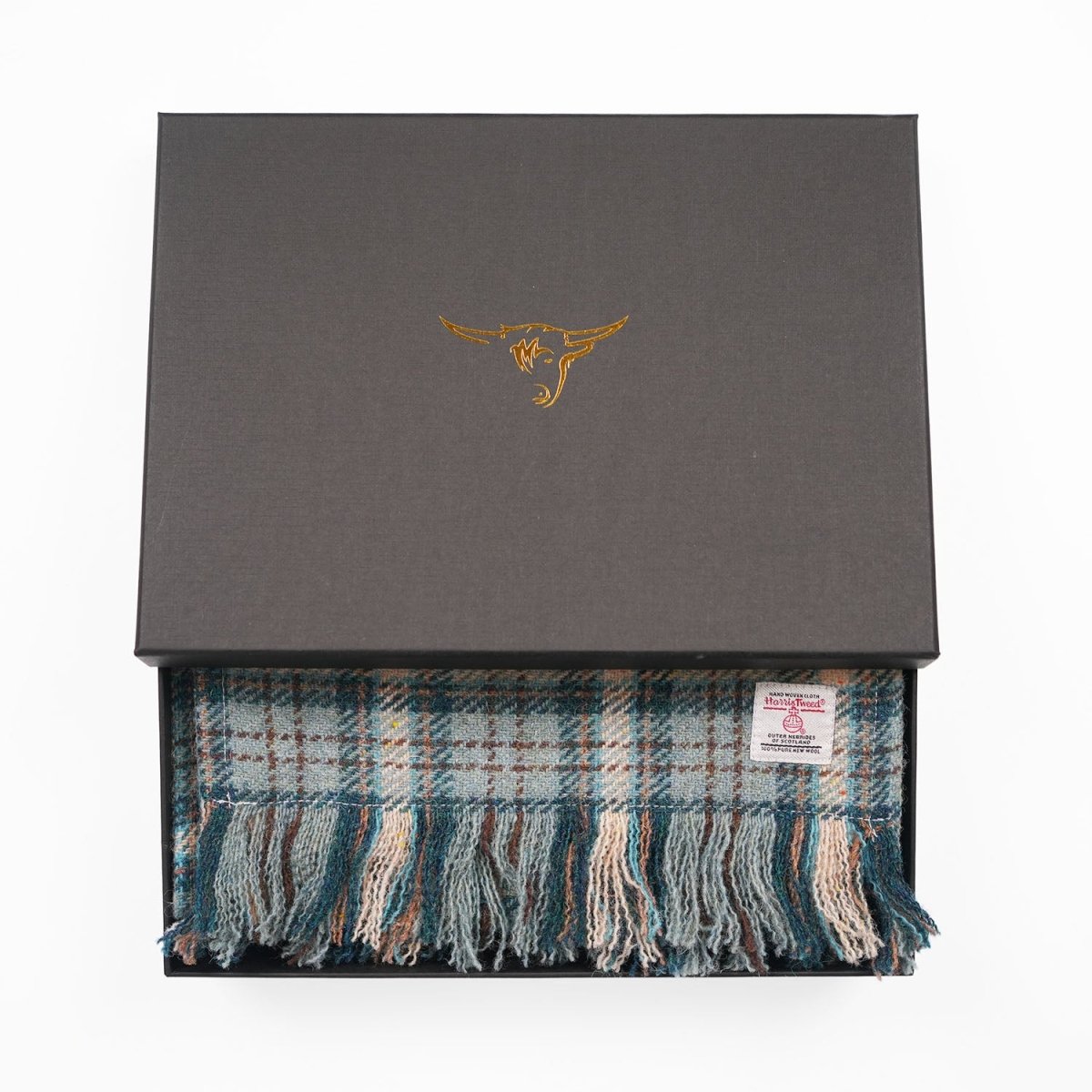 Harris Tweed Fringed Scarf with Fleece Back - Duck Egg & Cream Check - Heritage Of Scotland -