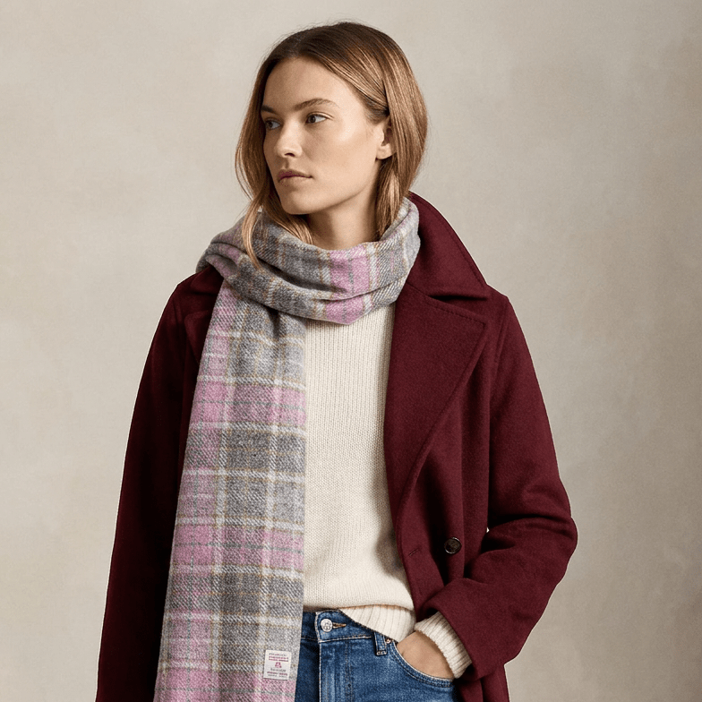 Harris Tweed Fringed Scarf with Fleece Back - Soft Pink Buchanan - Heritage Of Scotland -