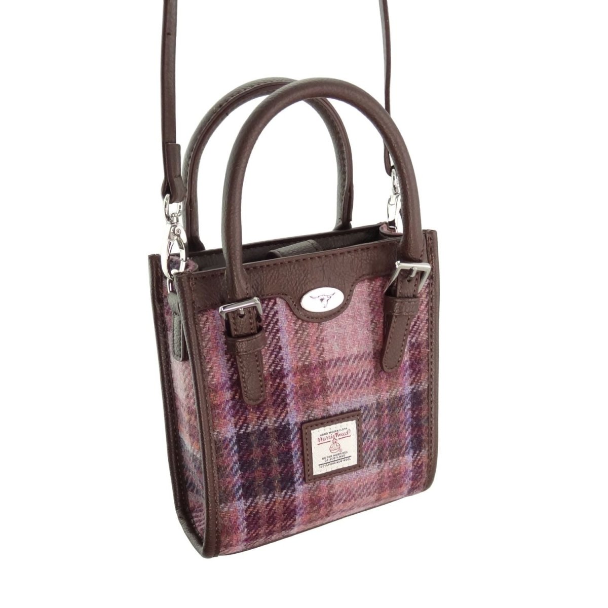 Harris Tweed Keltie Tall Mini Tote Bag - Wool Crossbody Tote - Pink/Burgundy Check (COL154) - Heritage Of Scotland -