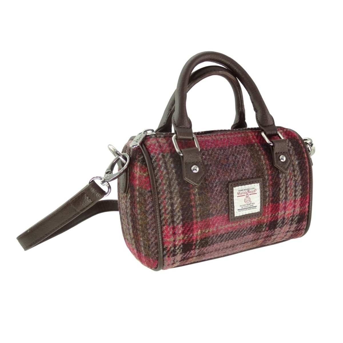 Harris Tweed Kilbride Mini Bowling Bag - Small Shoulder and Handbag - Burgundy & Pink Stewart Tartan (COL144) - Heritage Of Scotland -