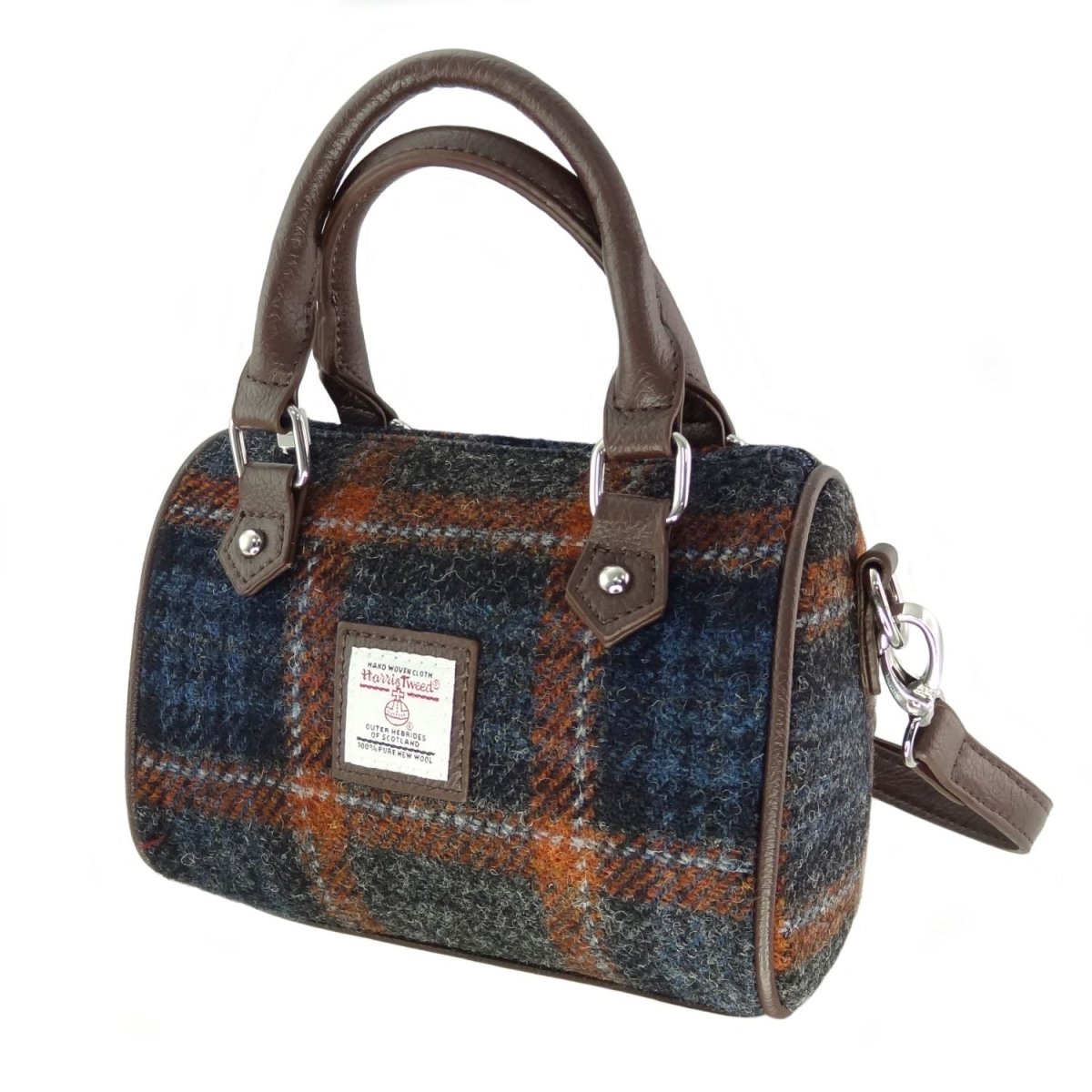 Harris Tweed Kilbride Mini Bowling Bag - Small Shoulder and Handbag - Grey with Rust Overcheck (COL127) - Heritage Of Scotland -