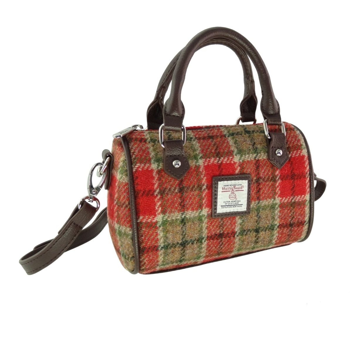 Harris Tweed Kilbride Mini Bowling Bag - Small Shoulder and Handbag - Red & Green Tartan (COL141) - Heritage Of Scotland -