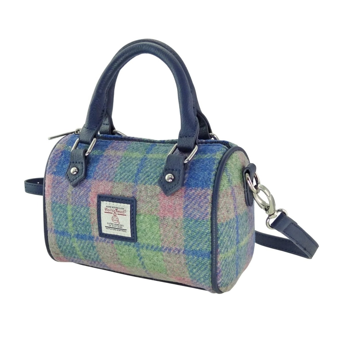 Harris Tweed Kilbride Mini Bowling Bag - Small Shoulder and Handbag - Soft Blue and Pink Tartan (COL135) - Heritage Of Scotland -