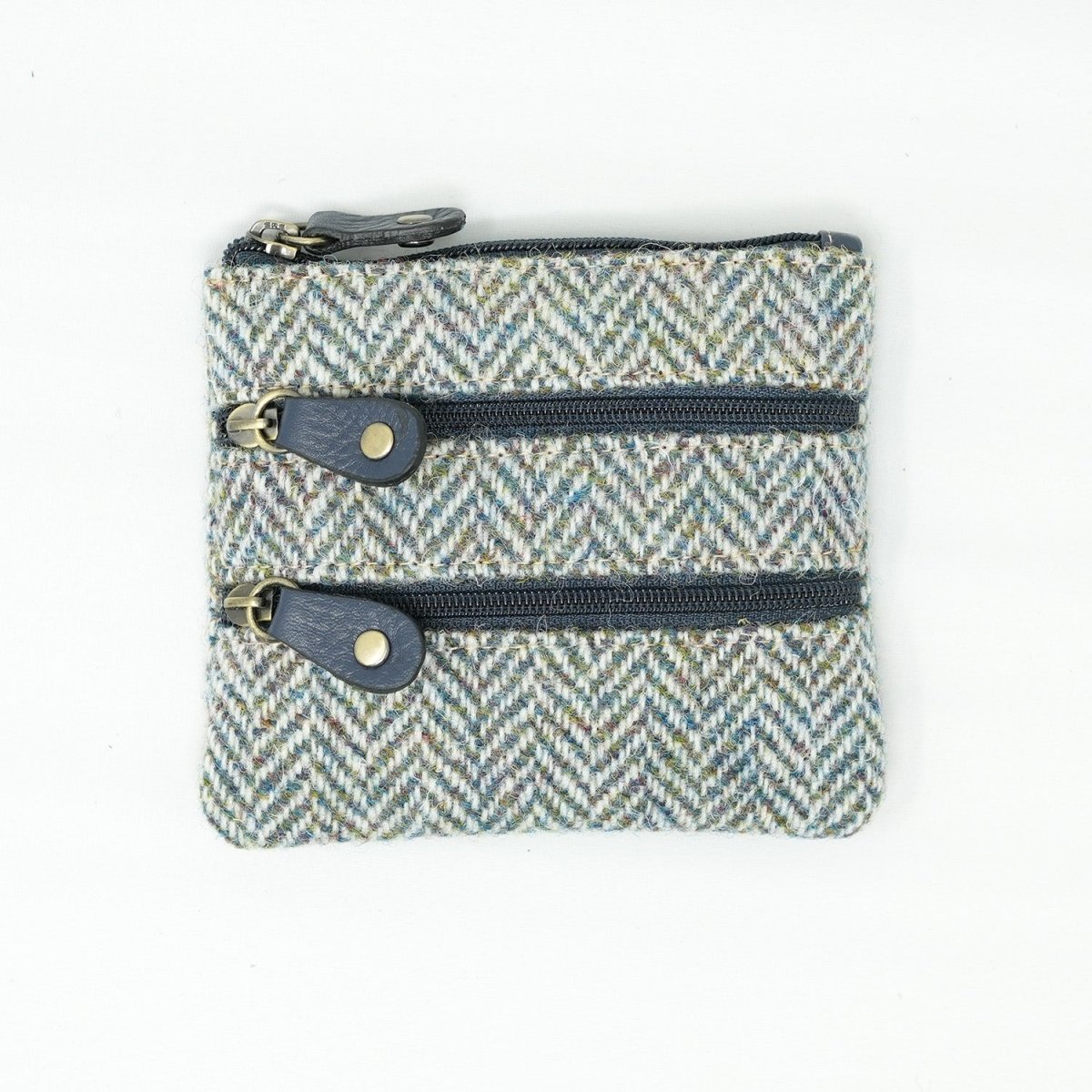 Harris Tweed Leather Coin Purse – Authentic Scottish Zip Wallet - Heritage Of Scotland - GREEN & BROWN HERRINGBONE / BLUE