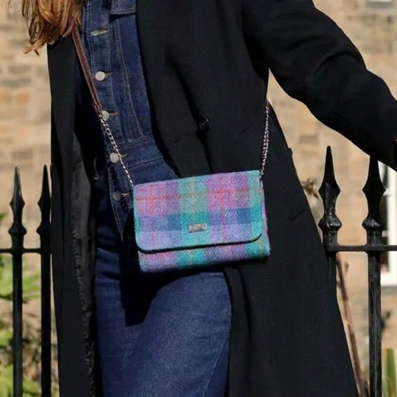 Harris Tweed Strathy Wallet Shoulder Bag - Scottish Compact Handbag - Pale Orange Stewart Tartan (COL148) - Heritage Of Scotland -