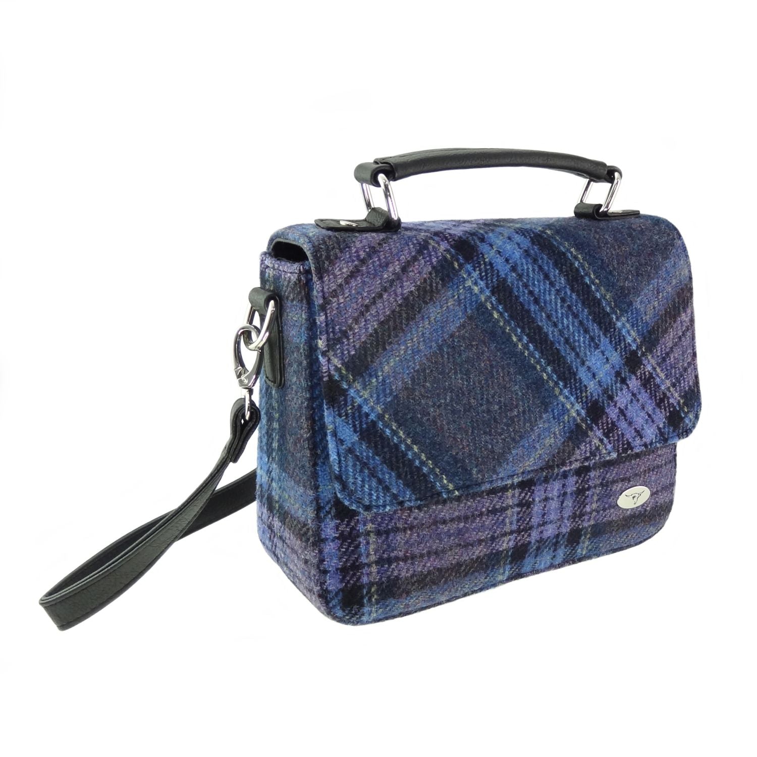 Harris Tweed Thurso Square Shoulder Bag - Stylish Tartan Everyday Bag - Heritage Of Scotland - Blue & Purple Stewart Tartan (COL143)