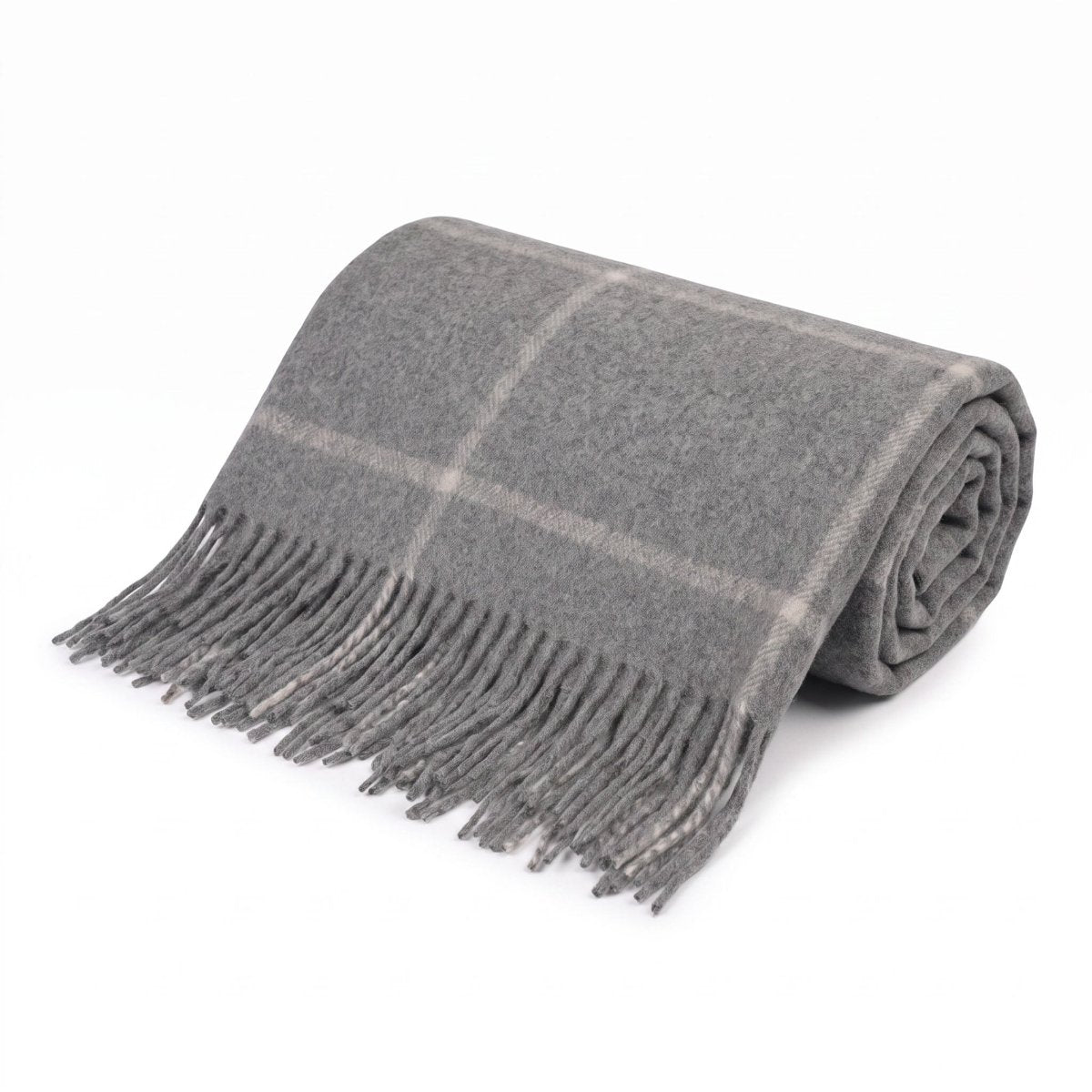 Highland Windowpane Wool Blend Throw Blanket with Tasselled Fringe - GRANITE GREY - Heritage Of Scotland -