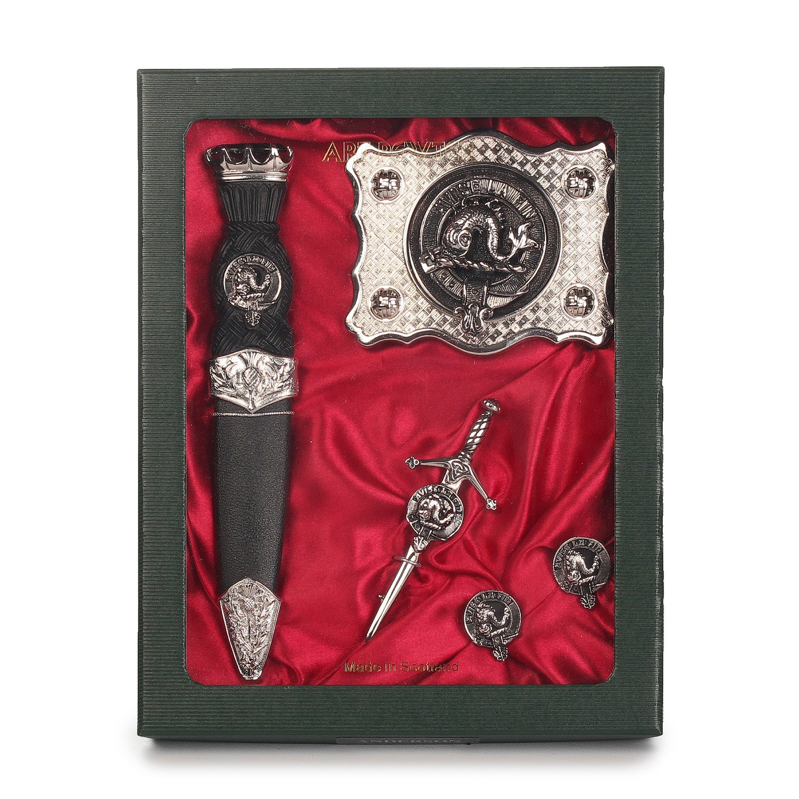 Kennedy Clan Badge, Kilt Pin, Lapel Pin, Cufflinks, Keyring/Key Fob & Gift Set — Fine Pewter by Art Pewter — Made in Scotland (Shiny Finish) - Heritage Of Scotland - Gift Set