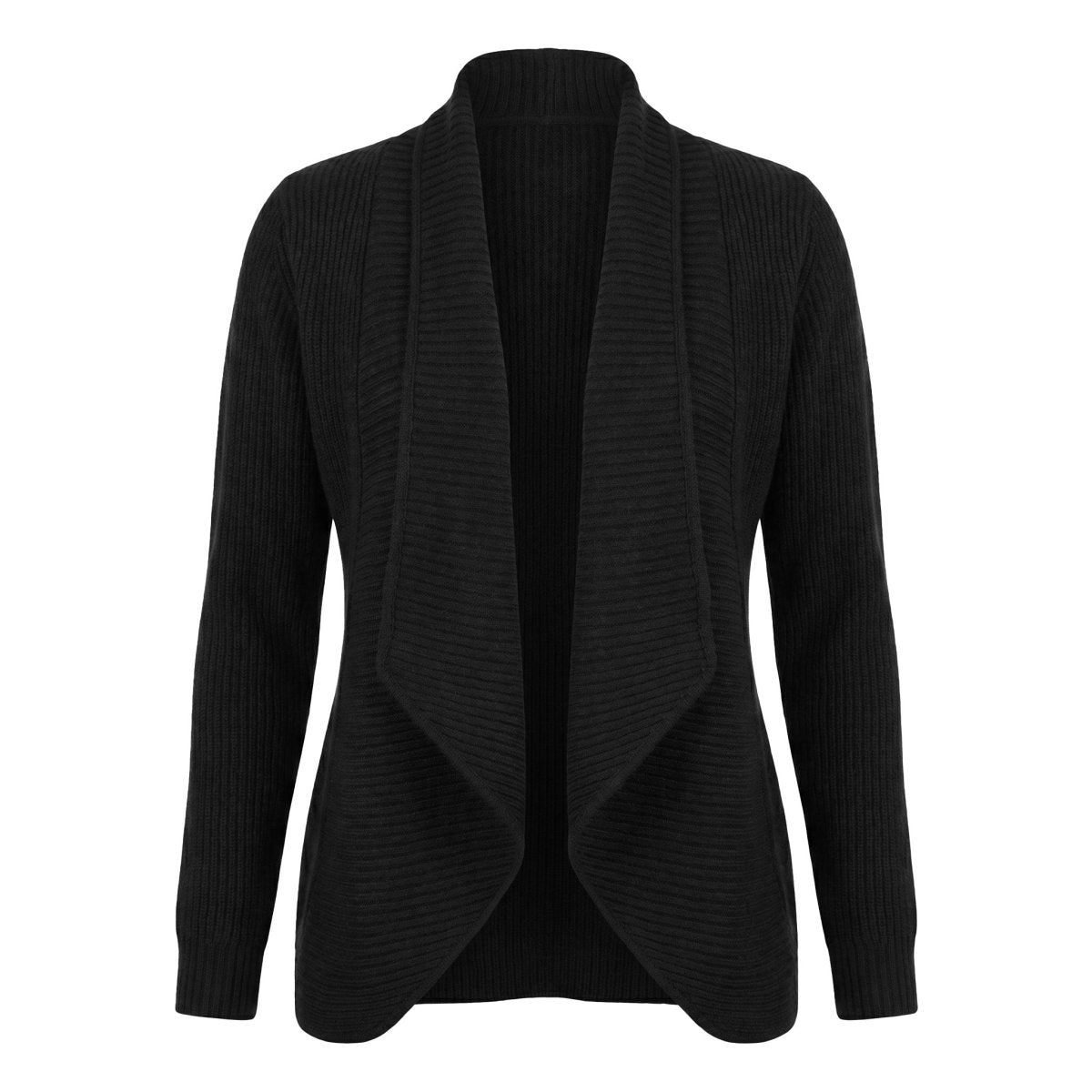 Ladies 100% Cashmere Ribbed Open Front Cardigan - Black - Heritage Of Scotland - Black