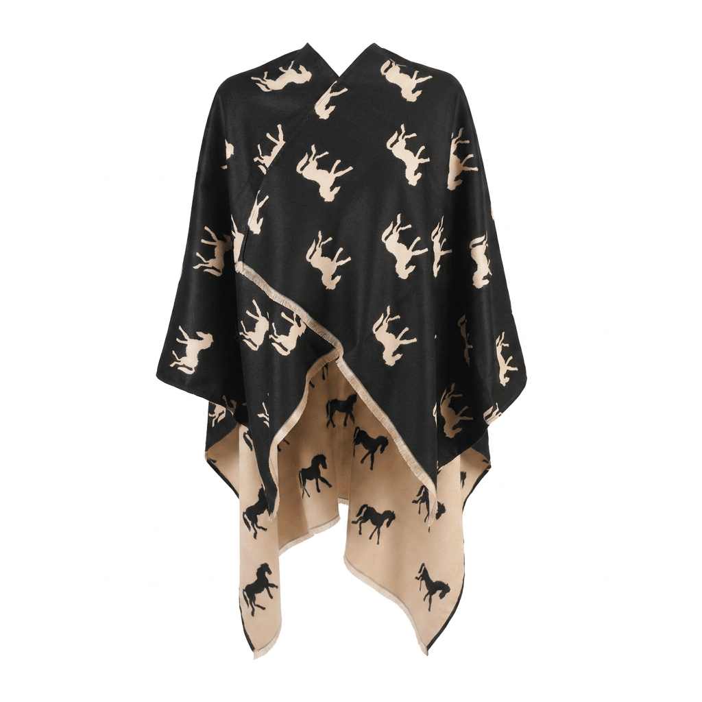 Ladies Black Horse Print Reversible Wrap Cape - BLACK AND WHITE - Heritage Of Scotland -