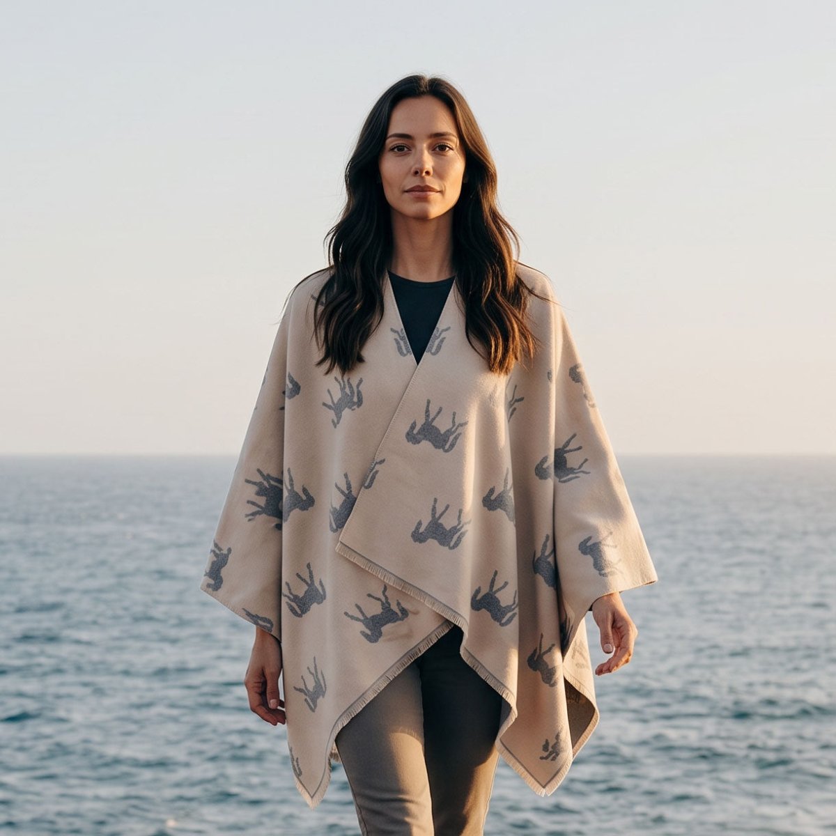 Ladies Cream Horse Print Reversible Wrap Cape - CREAM - Heritage Of Scotland -