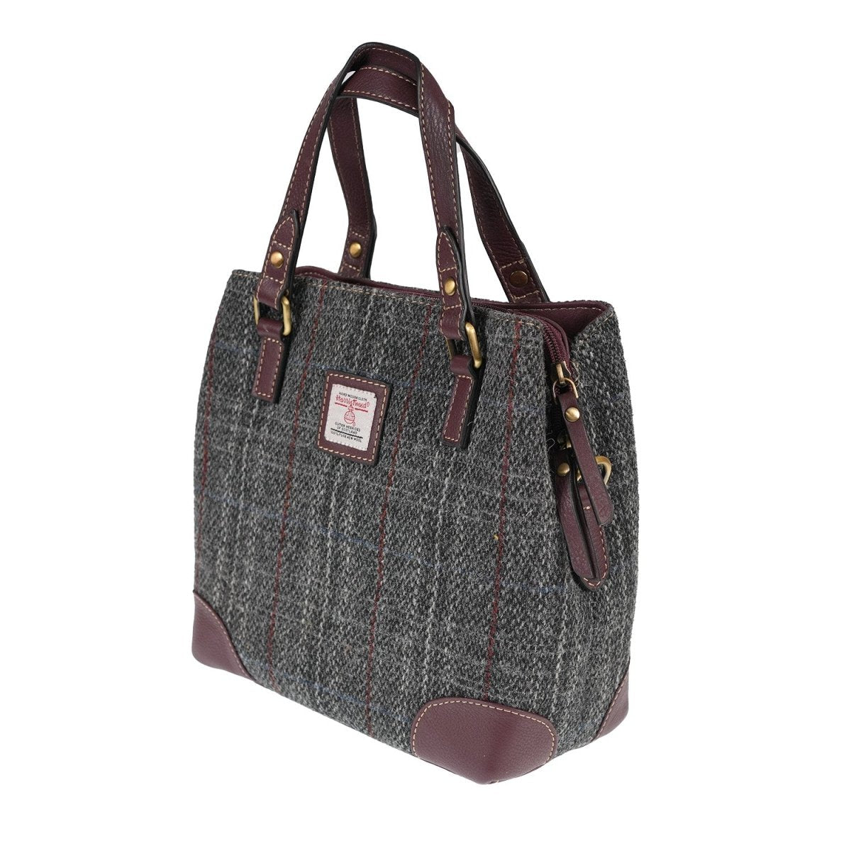 Ladies Harris Tweed And Leather Hand Bag - GREY & RED CHECK / MAROON - Heritage Of Scotland -