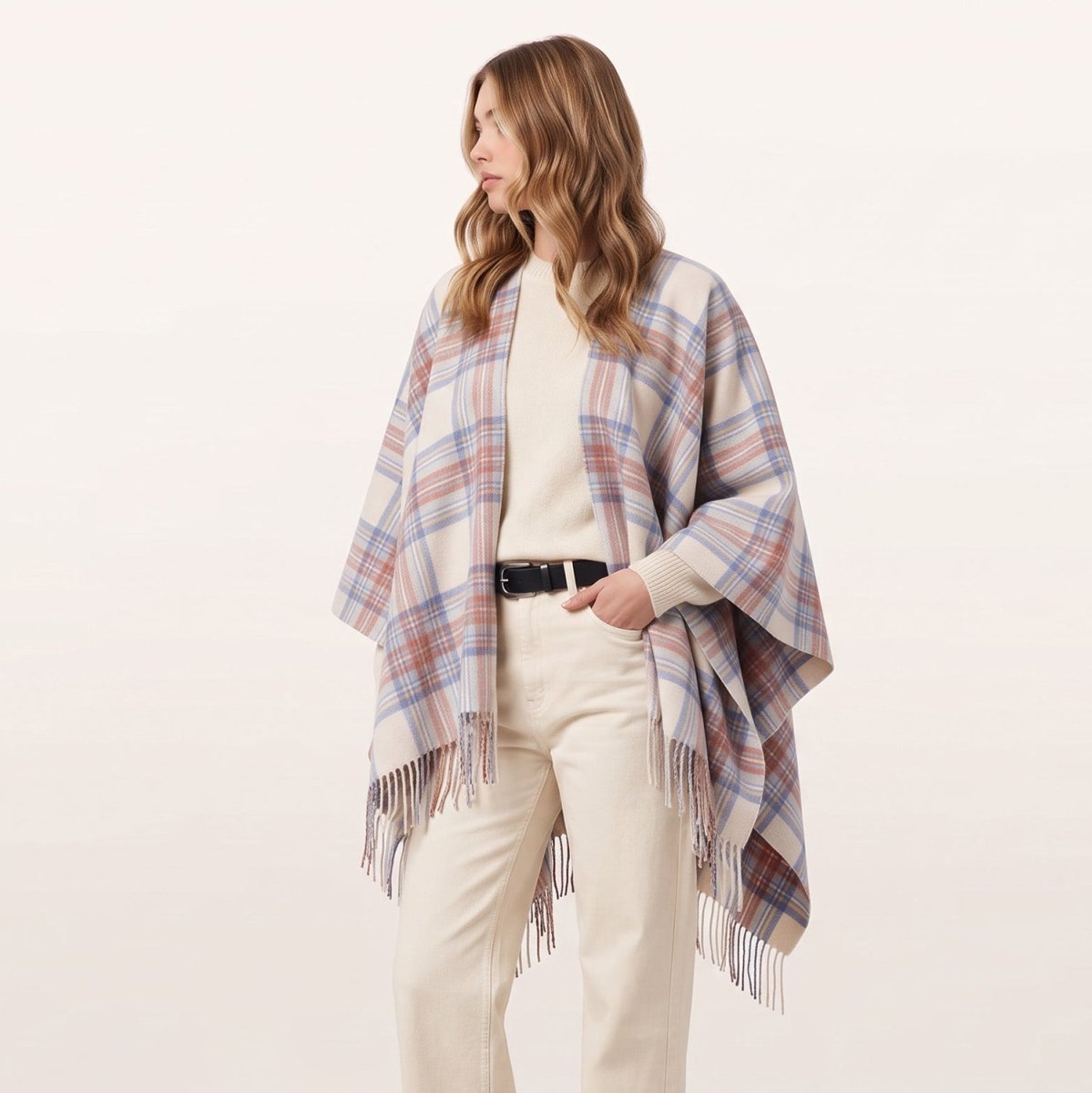 Ladies Mini Cape Edinburgh 100% Lambswool- Stewart Muted Blue - Heritage Of Scotland -