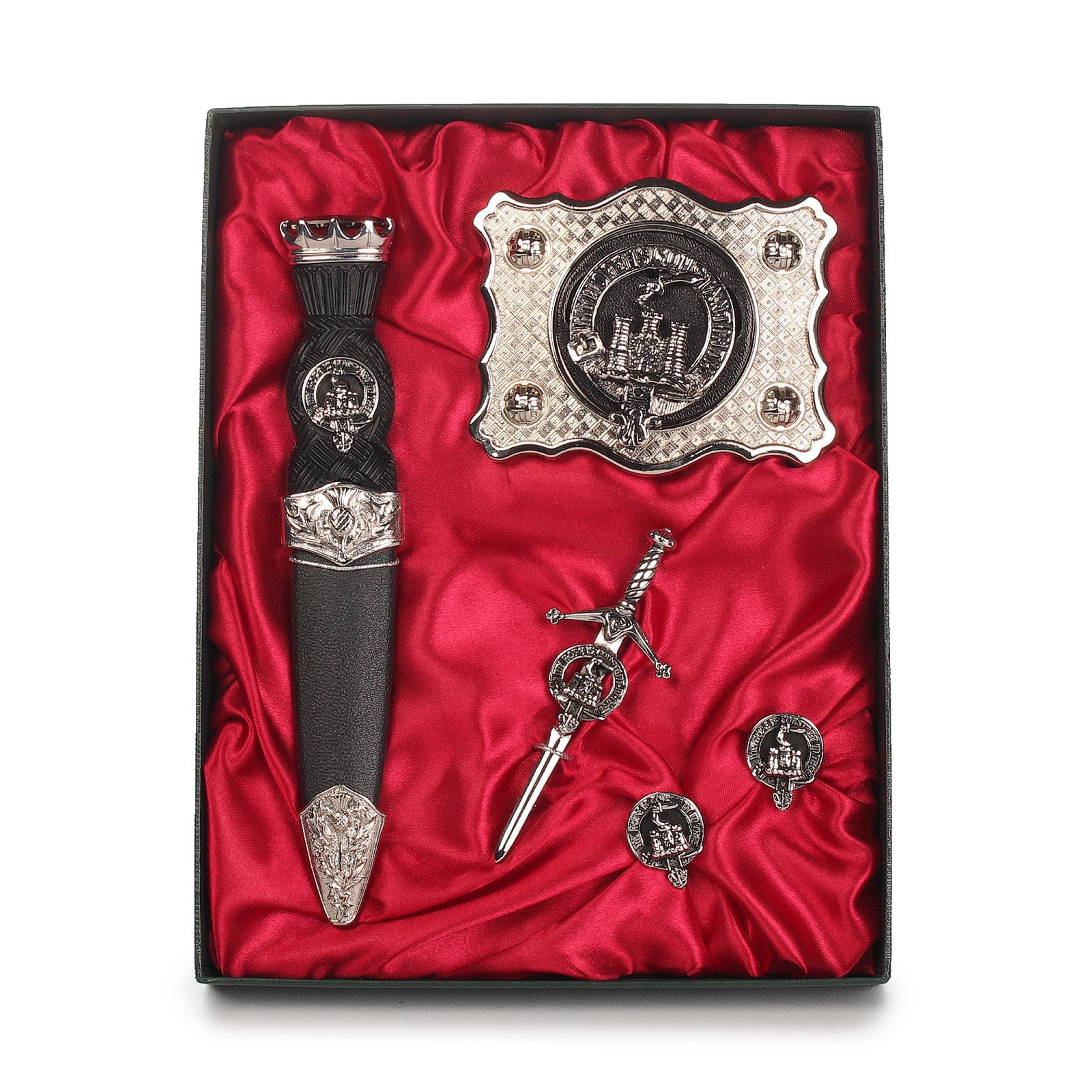 MacDonald of Clanranald Clan Badge, Kilt Pin, Lapel Pin, Cufflinks, Keyring/Key Fob & Gift Set — Fine Pewter by Art Pewter — Made in Scotland (Shiny Finish) - Heritage Of Scotland - Gift Set