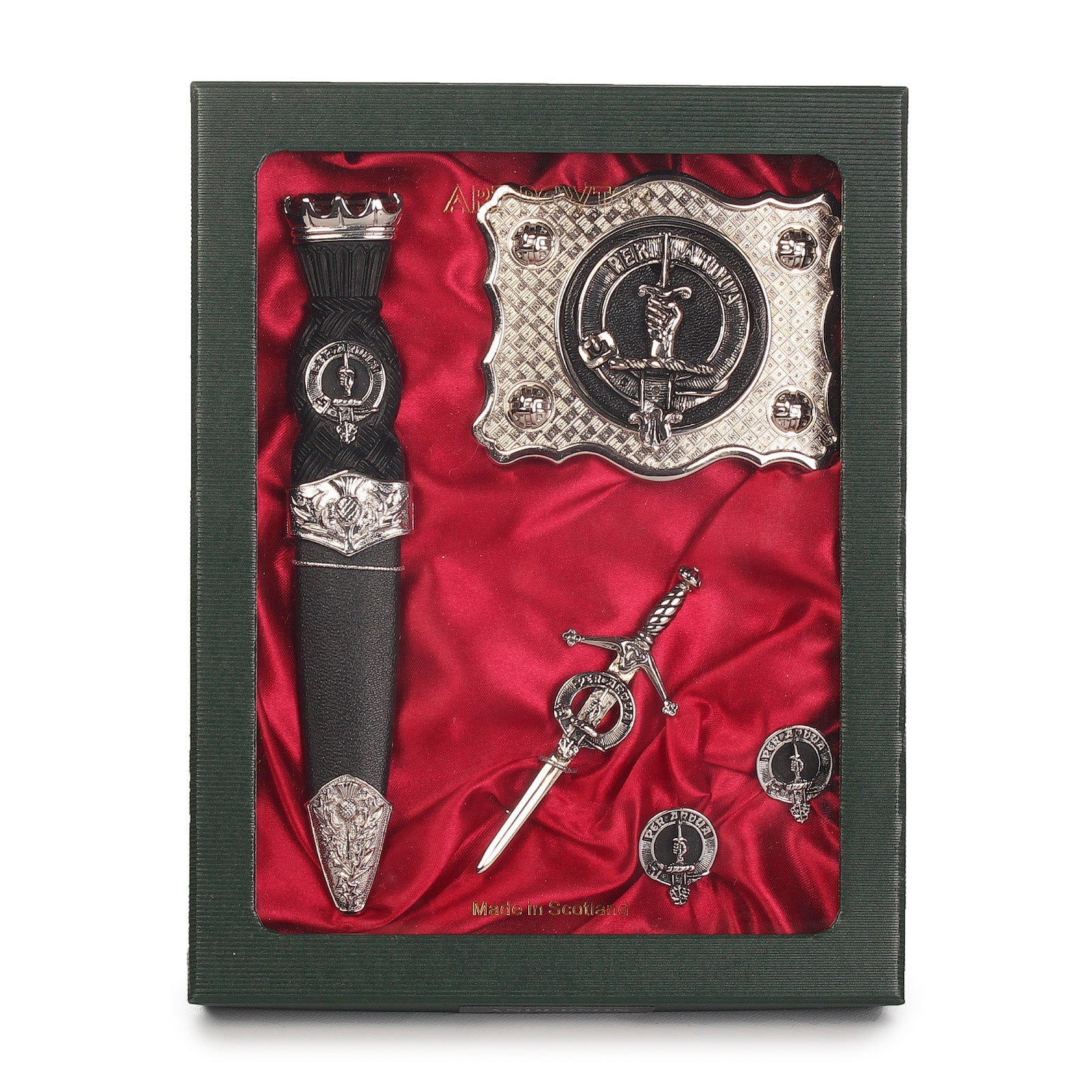 MacIntyre Clan Badge, Kilt Pin, Lapel Pin, Cufflinks, Keyring/Key Fob & Gift Set — Fine Pewter by Art Pewter — Made in Scotland (Shiny Finish) - Heritage Of Scotland - Gift Set