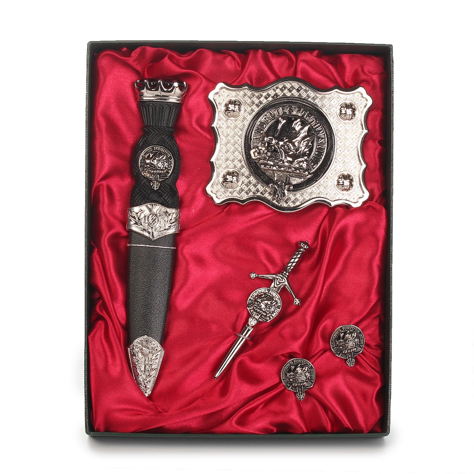 MacKinnon Clan Badge, Kilt Pin, Lapel Pin, Cufflinks, Keyring/Key Fob & Gift Set — Fine Pewter by Art Pewter — Made in Scotland (Shiny Finish) - Heritage Of Scotland - Gift Set