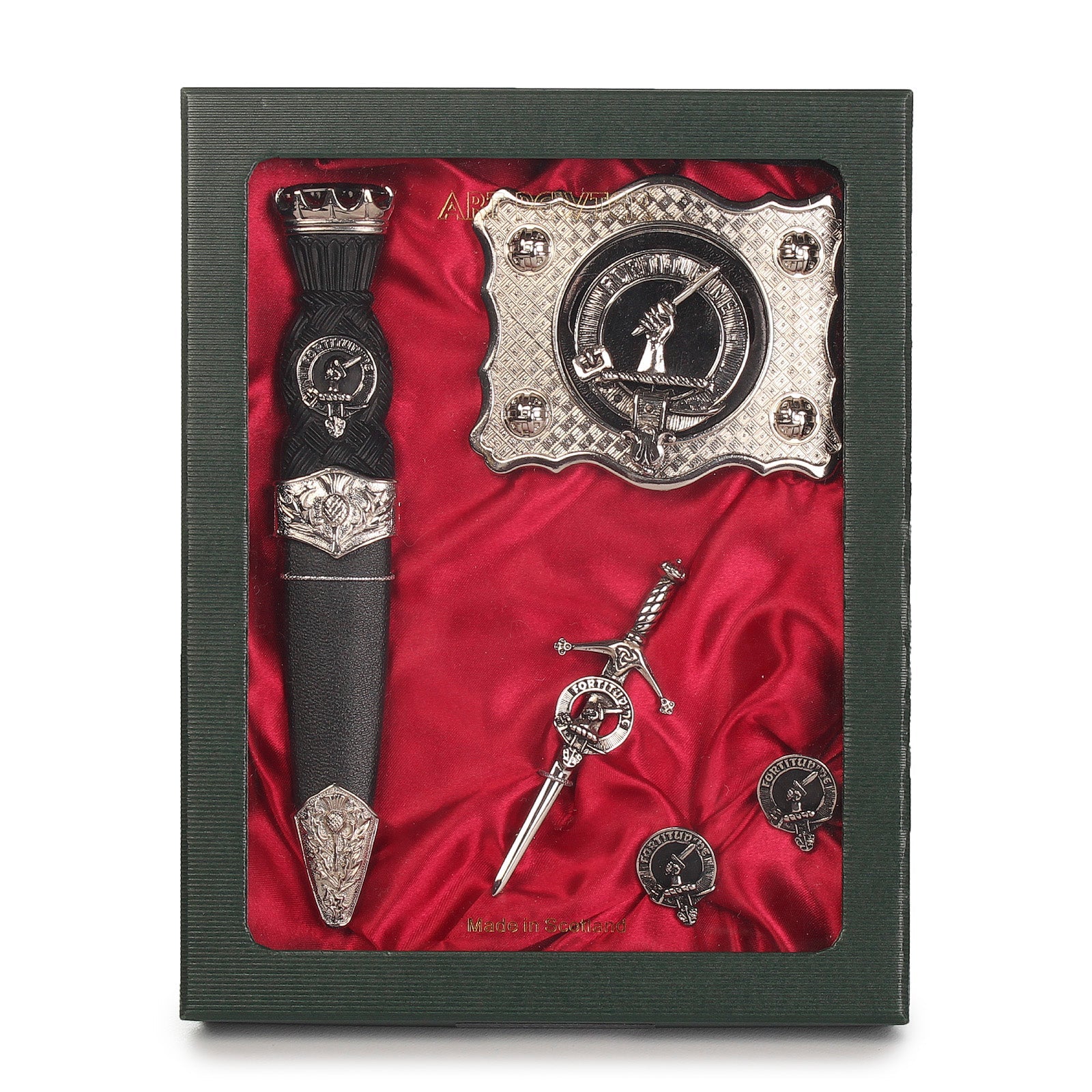 MacRae Clan Badge, Kilt Pin, Lapel Pin, Cufflinks, Keyring/Key Fob & Gift Set — Fine Pewter by Art Pewter — Made in Scotland (Shiny Finish) - Heritage Of Scotland - Gift Set