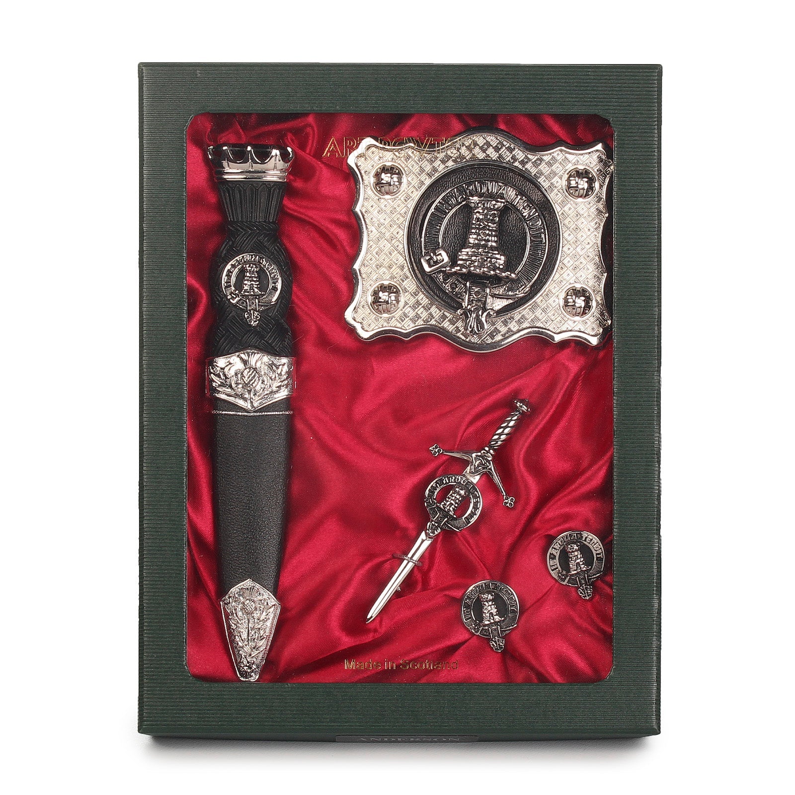Malcolm / MacCallum Clan Badge, Kilt Pin, Lapel Pin, Cufflinks, Keyring/Key Fob & Gift Set — Fine Pewter by Art Pewter — Made in Scotland (Shiny Finish) - Heritage Of Scotland - Gift Set