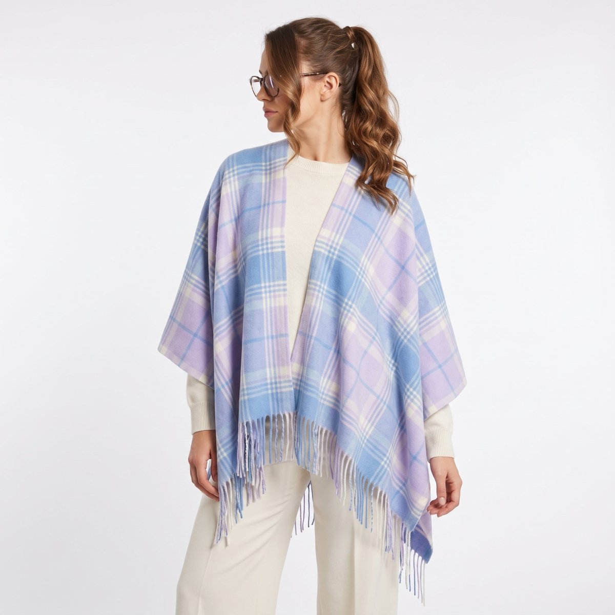 Mini Me Cape Dunedin Cashmere - Big Check Borwick and Lilac Blue - 100% Pure Cashmere - Heritage Of Scotland -