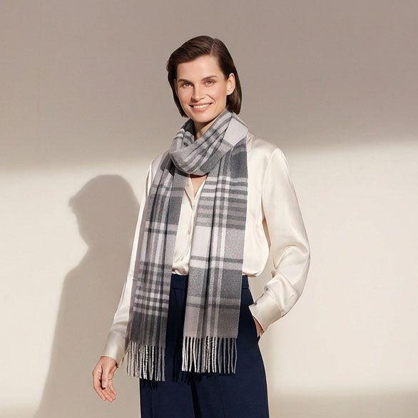 Premium 100% Pure Cashmere Wide Fringed Scarf - SQUARE GINGHAM GREY - Heritage Of Scotland -