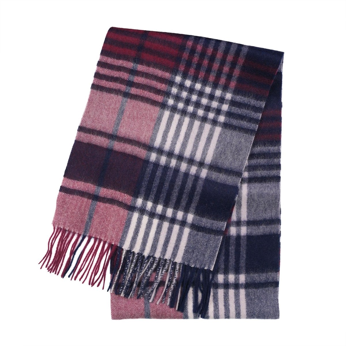 Premium 100% Pure Cashmere Wide Fringed Scarf - SQUARE GINGHAM NAVY BORDEAUX - Heritage Of Scotland -