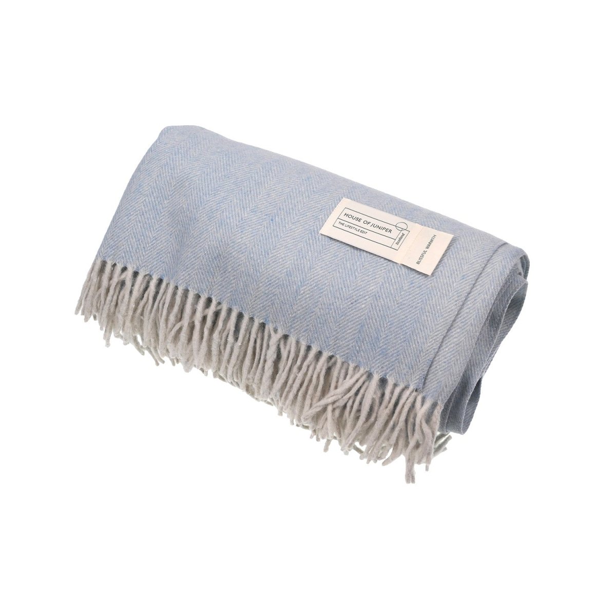 Recycled Wool Herringbone Blanket with Fringe – Soft Warm Throw - Heritage Of Scotland - Cornflower