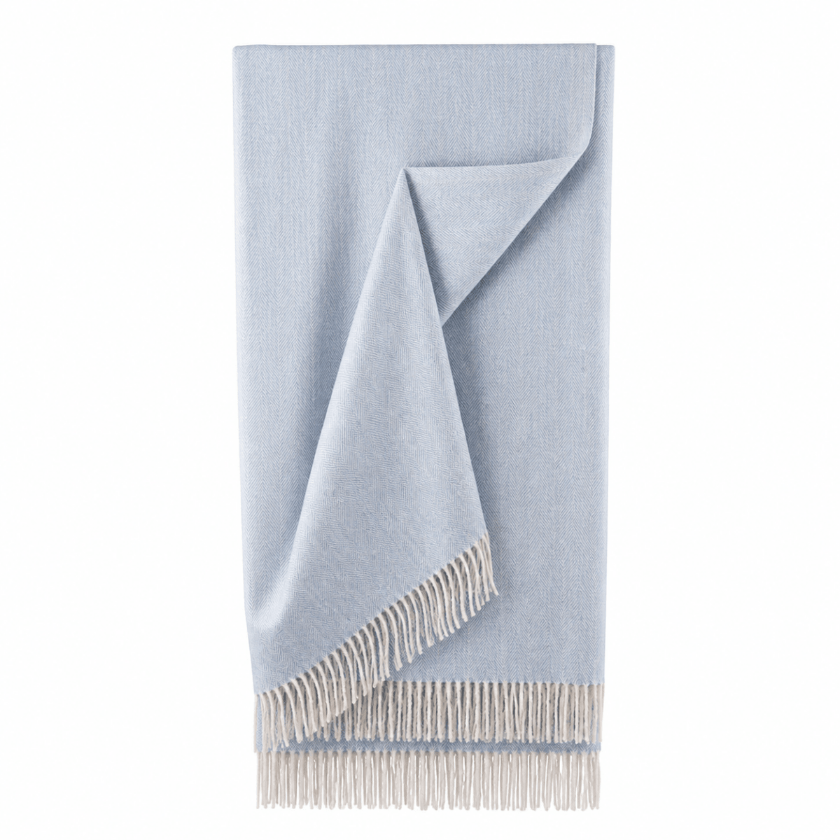 Recycled Wool Herringbone Blanket with Fringe – Soft Warm Throw - Heritage Of Scotland - Cornflower