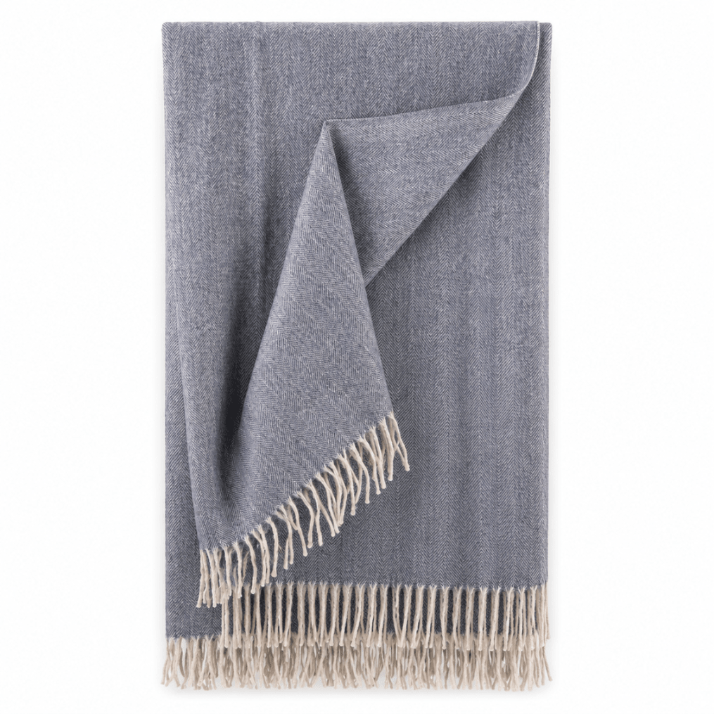 Recycled Wool Herringbone Blanket with Fringe - Soft Warm Throw - DENIM - Heritage Of Scotland -