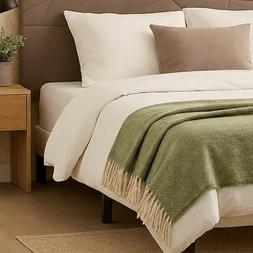 Recycled Wool Herringbone Blanket with Fringe - Soft Warm Throw - GREEN - Heritage Of Scotland -