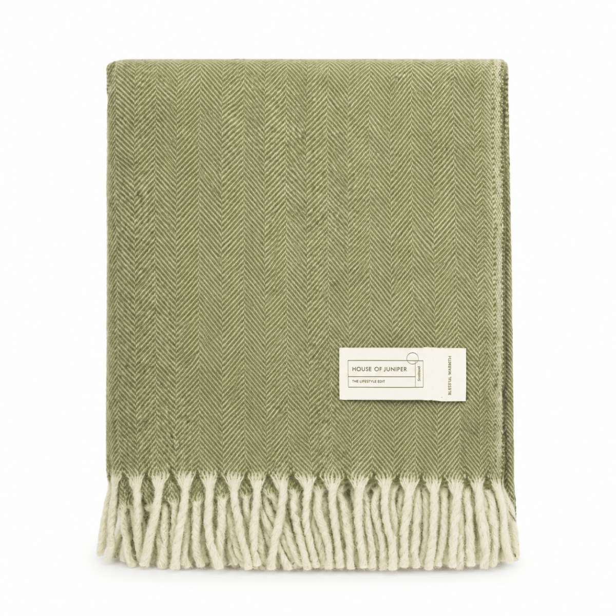 Recycled Wool Herringbone Blanket with Fringe - Soft Warm Throw - GREEN - Heritage Of Scotland -