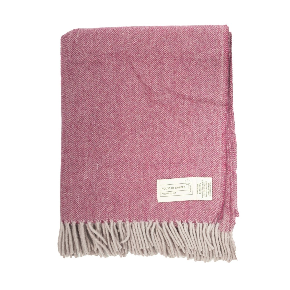 Recycled Wool Herringbone Blanket with Fringe - Soft Warm Throw - PINK - Heritage Of Scotland -