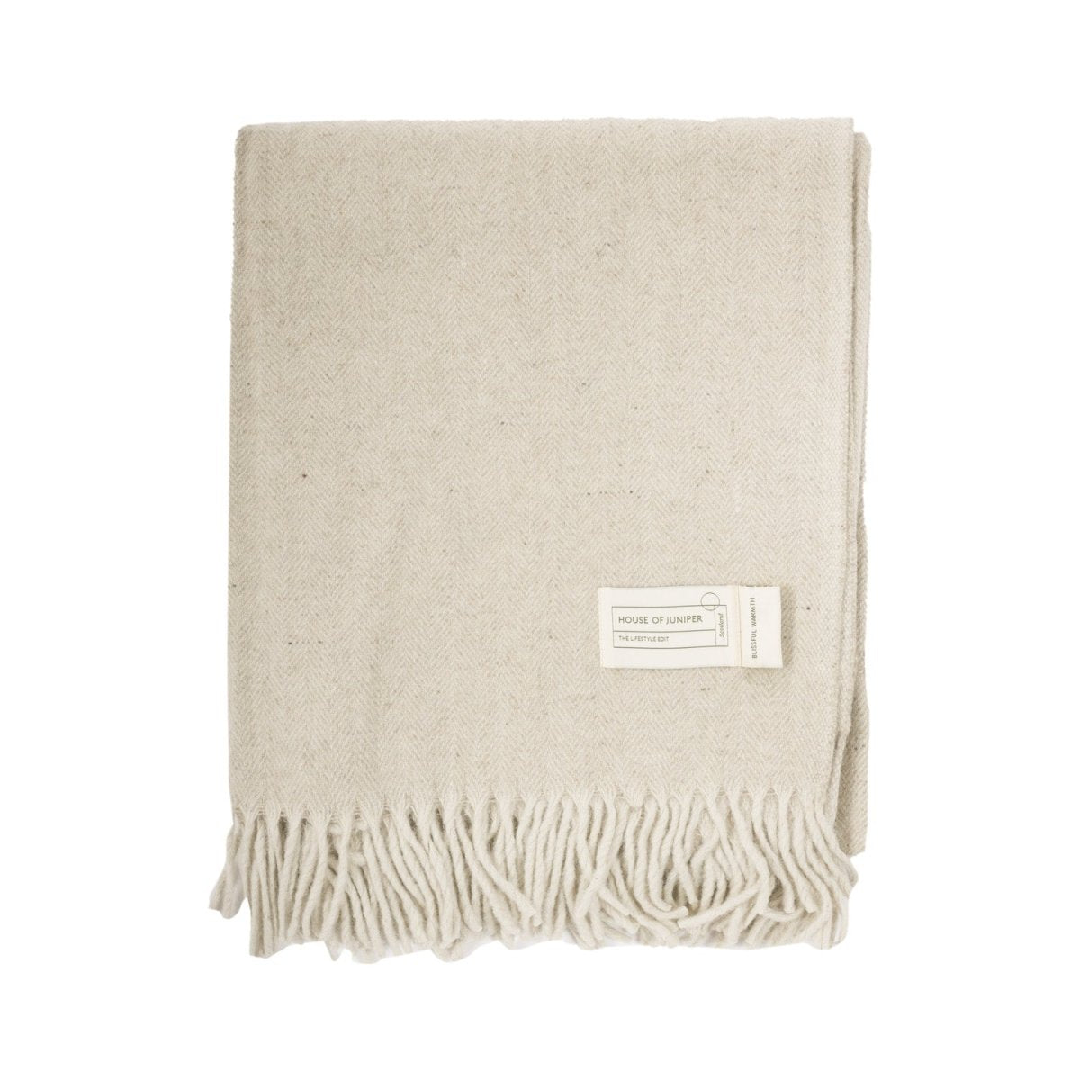 Recycled Wool Herringbone Blanket with Fringe - Soft Warm Throw - SAND BEIGE/NATURAL - Heritage Of Scotland -