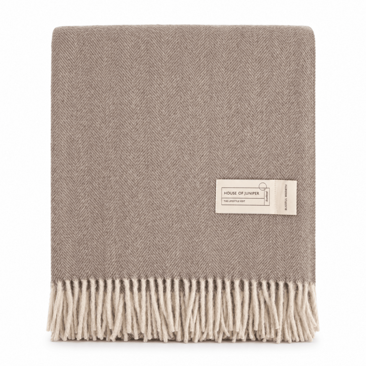 Recycled Wool Herringbone Blanket with Fringe - Soft Warm Throw - TAUPE - Heritage Of Scotland -