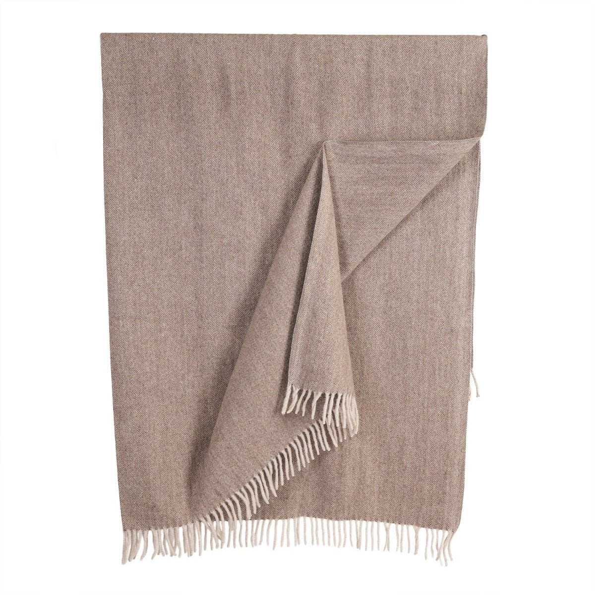 Recycled Wool Herringbone Blanket with Fringe - Soft Warm Throw - TAUPE - Heritage Of Scotland -