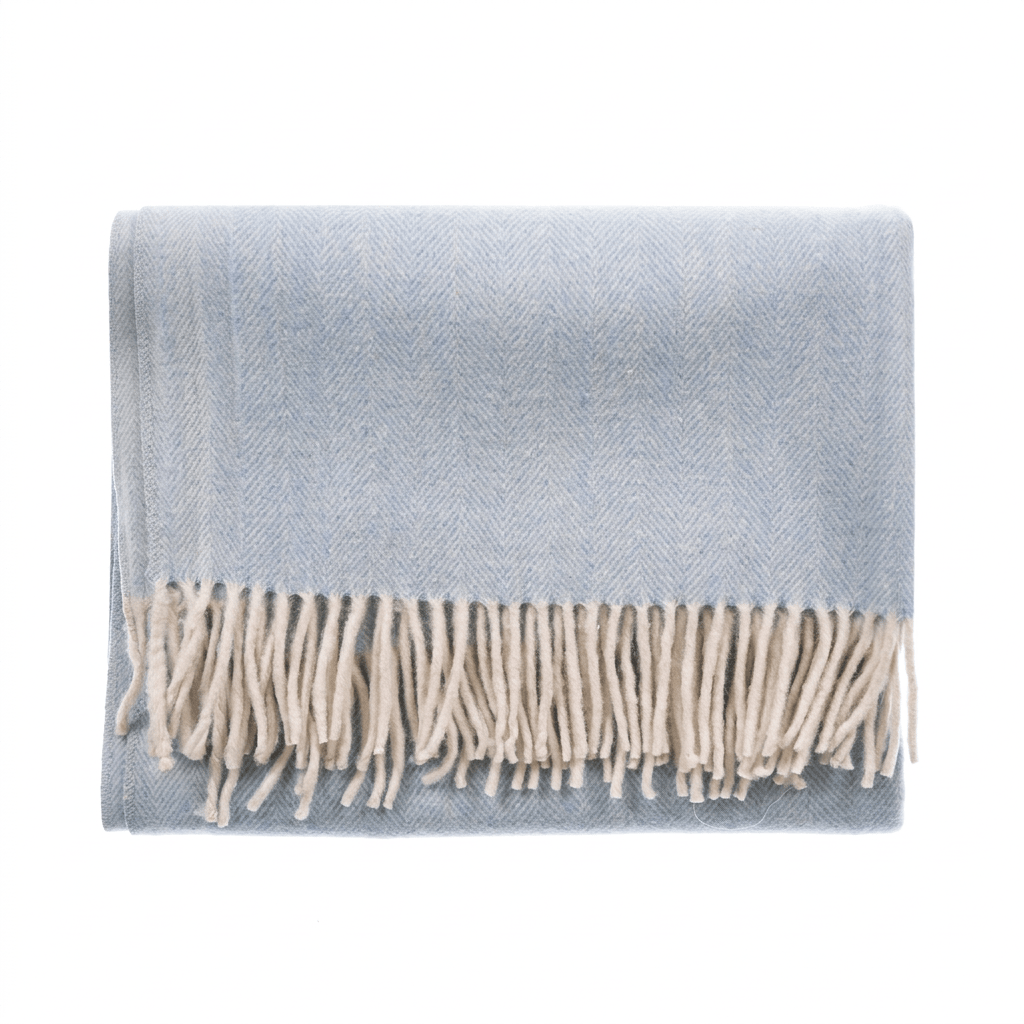 Recycled Wool Herringbone Knee Blanket – Pastel Fringed Throw - CORNFLOWER - Heritage Of Scotland -