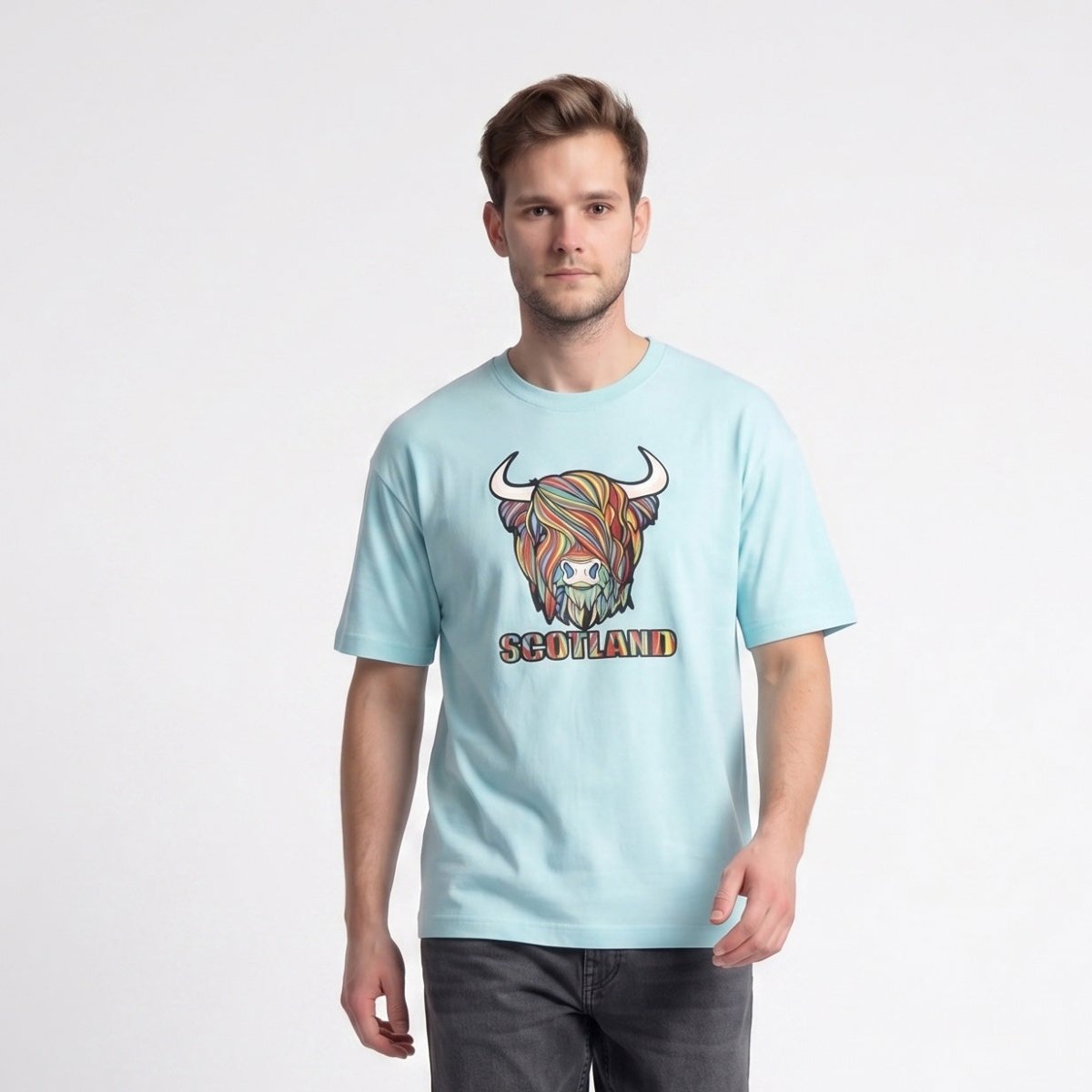 Scotland Unisex Rainbow Highland Cow Graphic T-Shirt – Aqua - Heritage Of Scotland - XS