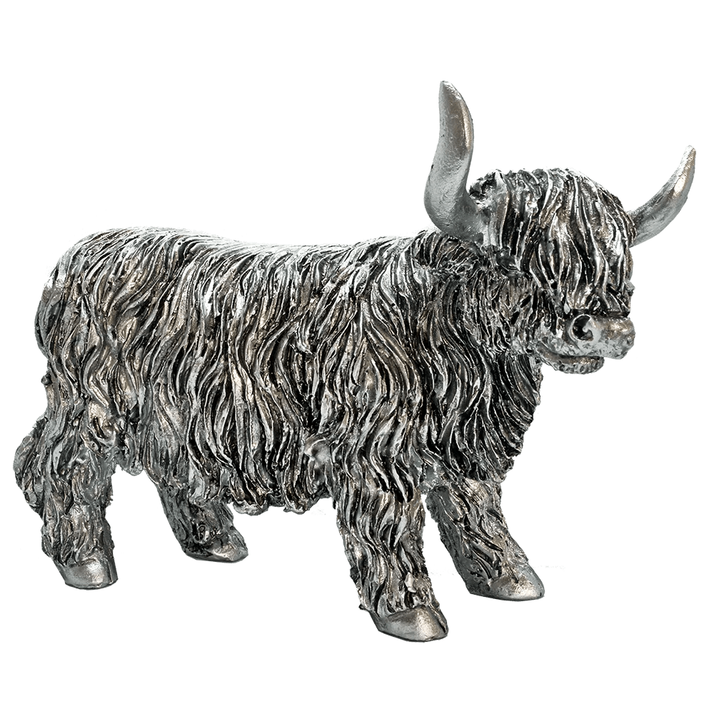 Silver Highland Coo Figurine – Metallic Polyresin Collectible (8 cm & 12 cm) - Heritage Of Scotland - 12 cm