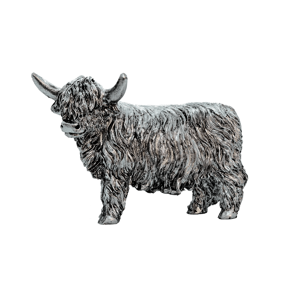 Silver Highland Coo Figurine – Metallic Polyresin Collectible (8 cm & 12 cm) - Heritage Of Scotland - 8 cm