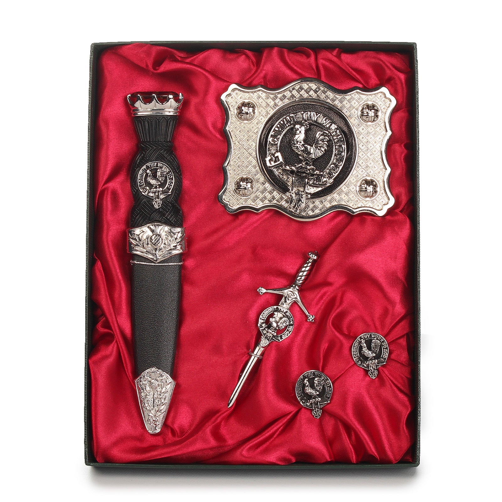 Sinclair Clan Badge, Kilt Pin, Lapel Pin, Cufflinks, Keyring/Key Fob & Gift Set — Fine Pewter by Art Pewter — Made in Scotland (Shiny Finish) - Heritage Of Scotland - Gift Set