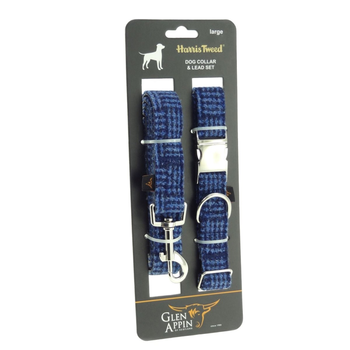 Stylish & Durable Luxury Harris Tweed Dog Collar & Lead Set in Blue Basket Weave (COL097) - Heritage Of Scotland - Large