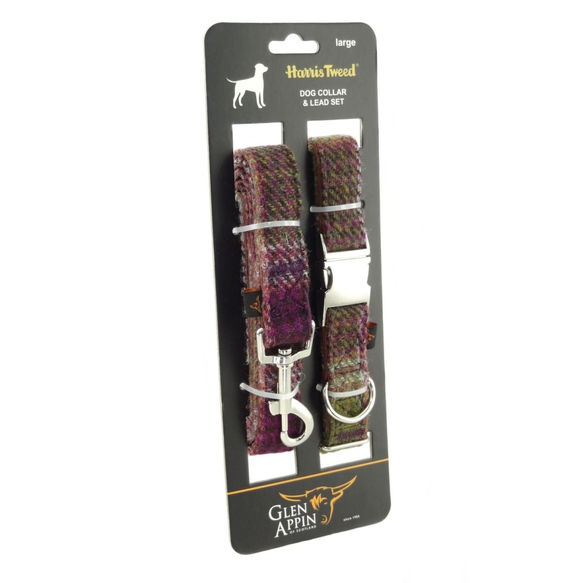 Stylish & Durable Luxury Harris Tweed Dog Collar & Lead Set in Heather Check (COL125) - Heritage Of Scotland - Large