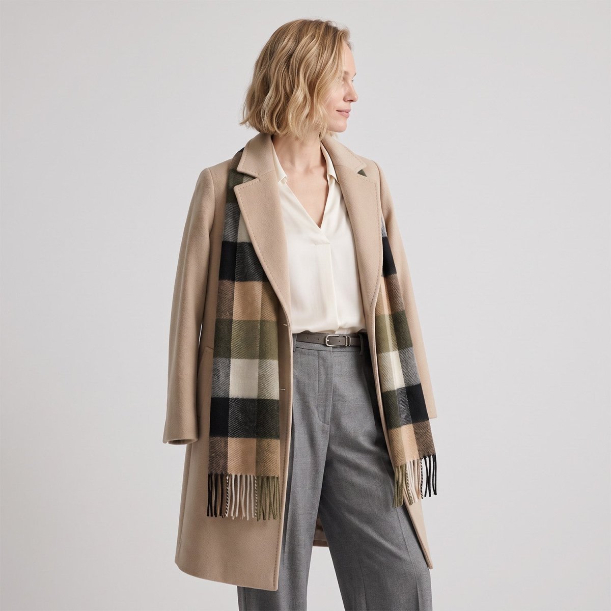 Tartan Weaving Mill 100% Pure Cashmere Scarf - Made in Scotland - BLOCK OLIVE - Heritage Of Scotland -