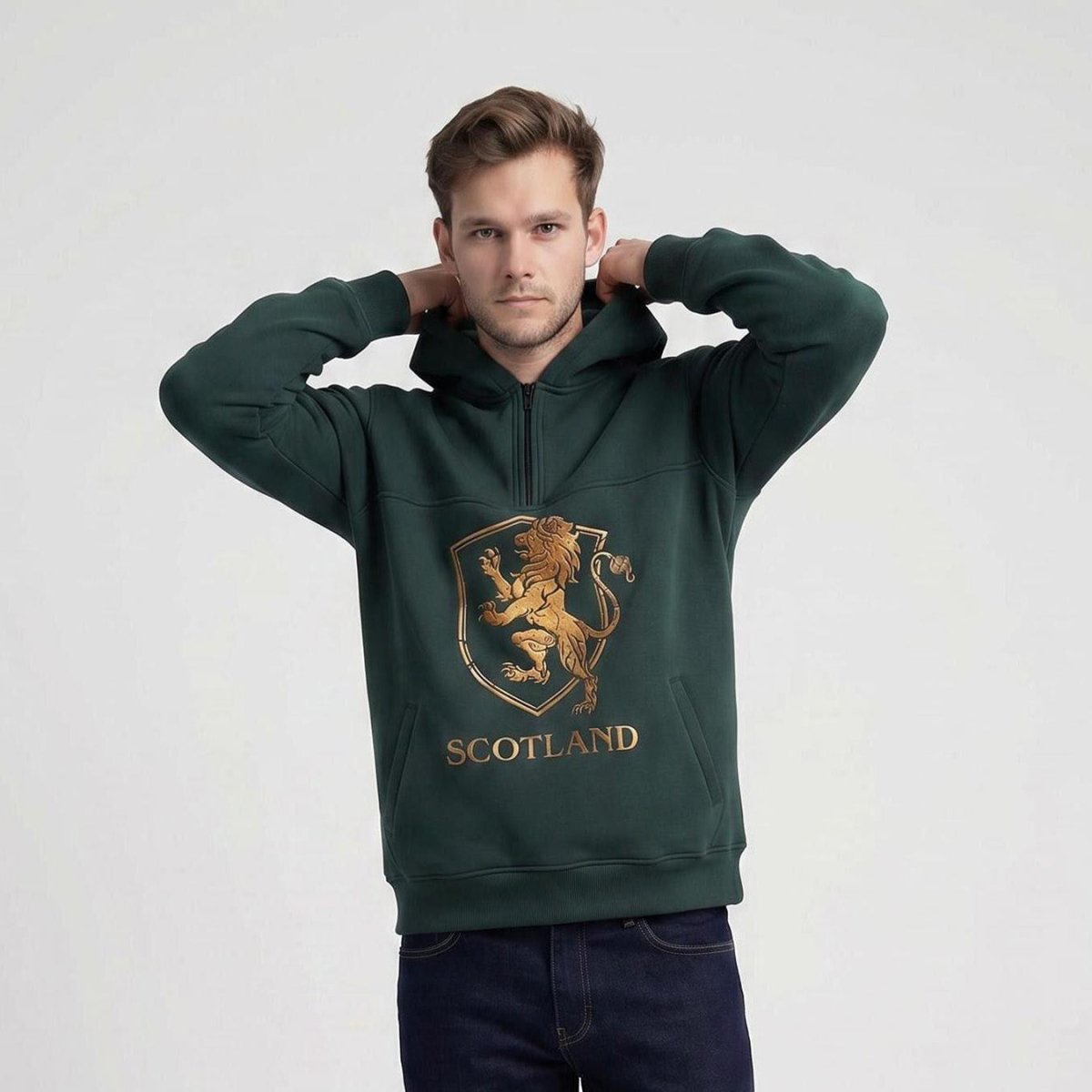 The Highland Heritage: Golden Lion Half - Zip Green Hoodie - Heritage Of Scotland - S