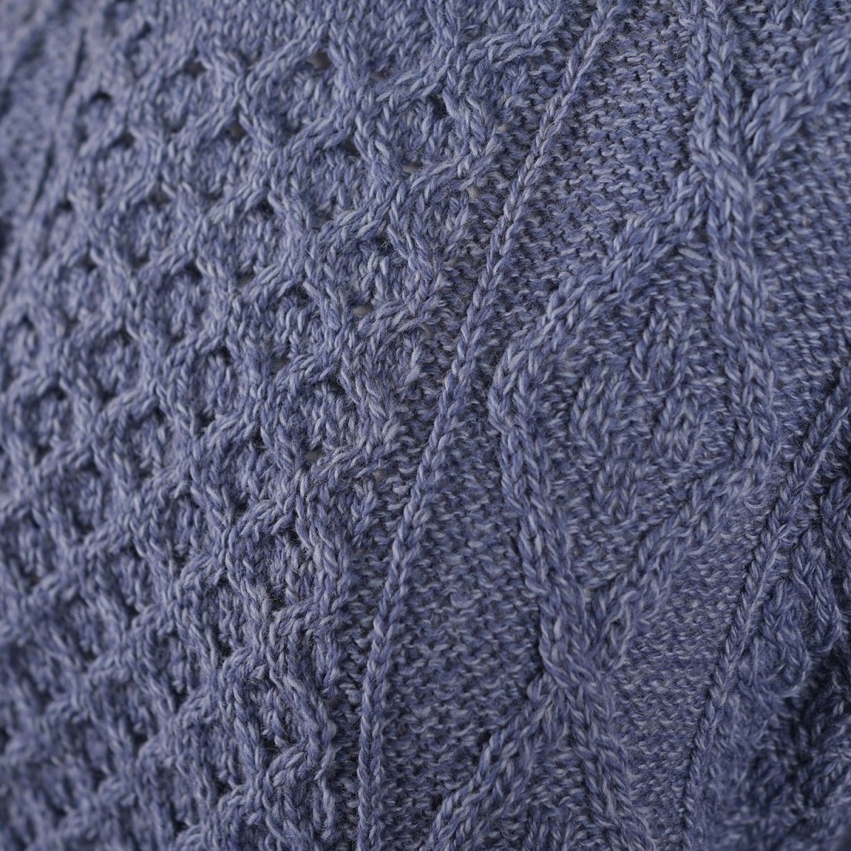 Unisex Blue 100% Wool Aran Cable Knit Crew Neck Jumper – Made in Ireland | Denim - Heritage Of Scotland - XS