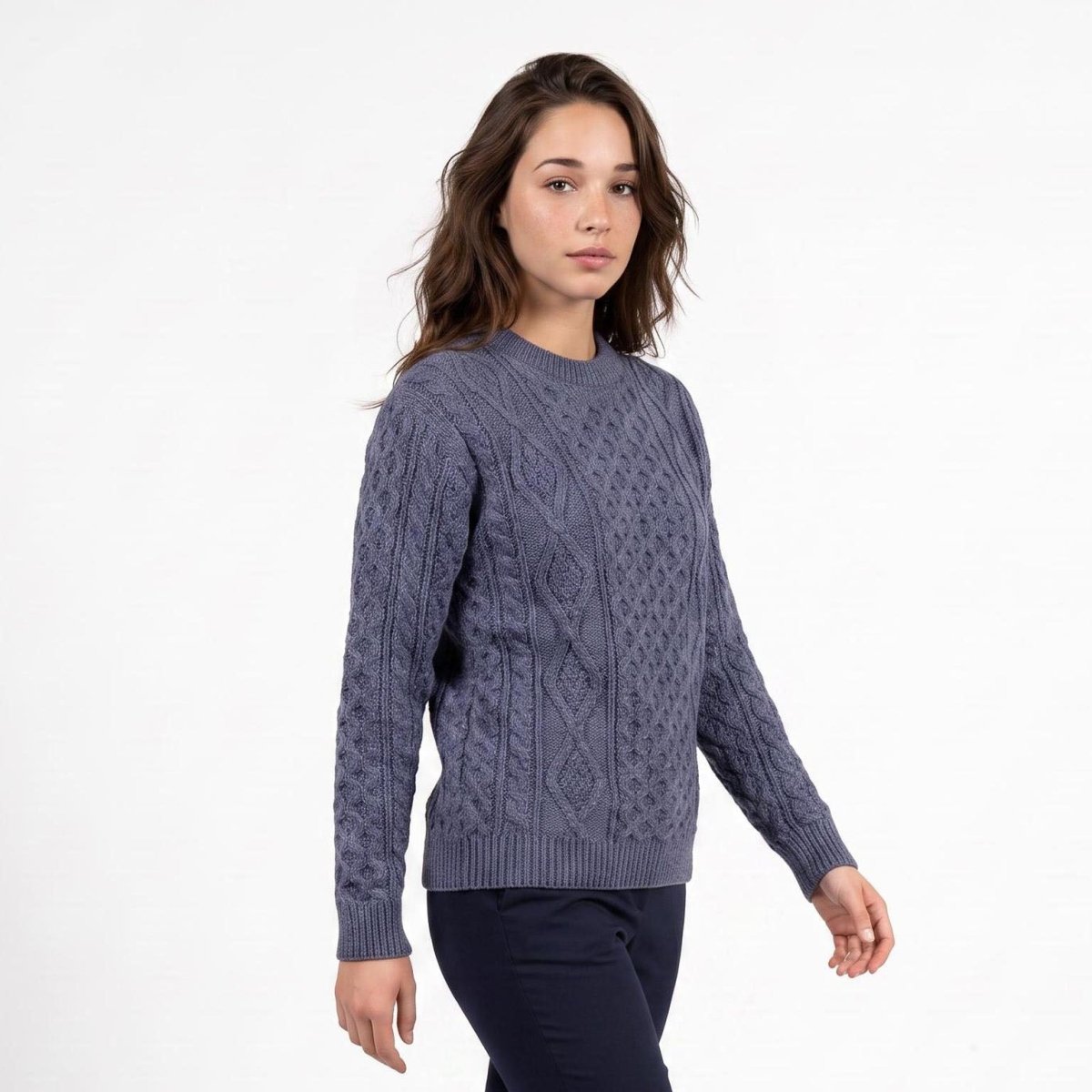 Unisex Blue 100% Wool Aran Cable Knit Crew Neck Jumper – Made in Ireland | Denim - Heritage Of Scotland - XS
