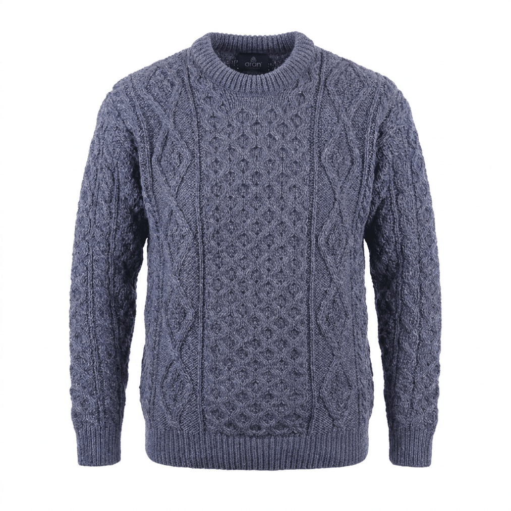 Unisex Blue 100% Wool Aran Cable Knit Crew Neck Jumper – Made in Ireland | Denim - Heritage Of Scotland - XS