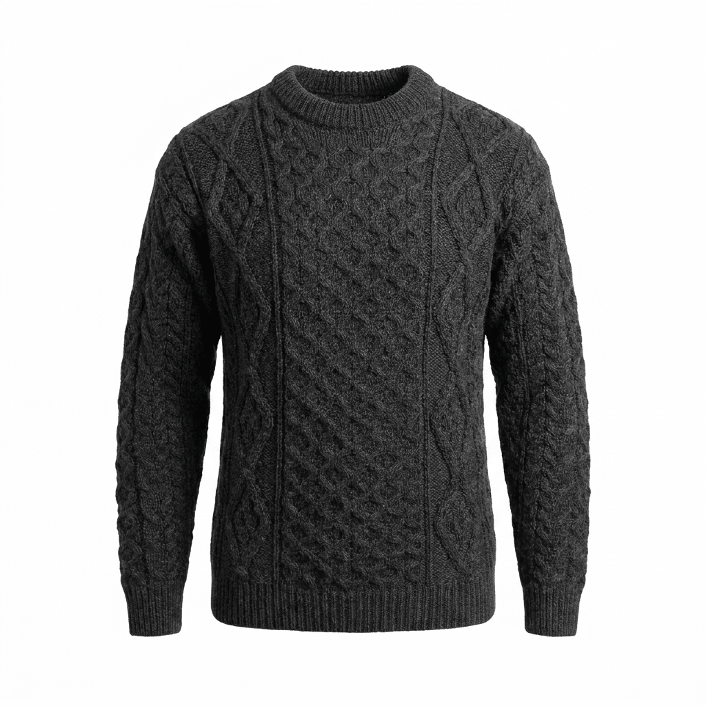 Unisex Grey 100% Wool Aran Cable Knit Crew Neck Jumper – Made in Ireland | Charcoal - Heritage Of Scotland - XS