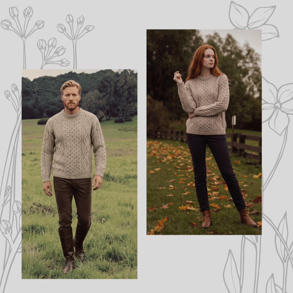 Unisex Speckled Beige 100% Wool Aran Cable Knit Crew Neck Jumper – Made in Ireland | Skiddaw - Heritage Of Scotland - XS